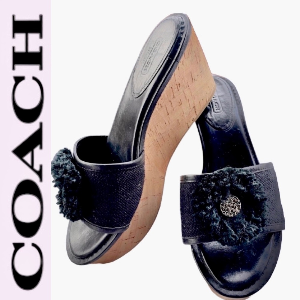 COACH Jazmin Black Leather 
Canves Cork Platform Wedge Sandals - Picture 2 of 6